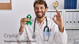  Presentation with ribbon-green - PPT theme with young-hispanic-doctor-man-holding background and a light gray colored foreground