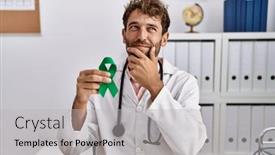  Presentation with ribbon green - Slide set enhanced with young-hispanic-doctor-man-holding background and a light gray colored foreground