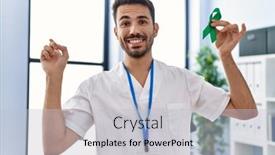  Presentation with ribbon-green - PPT theme having young-hispanic-doctor-man-holding background and a light blue colored foreground