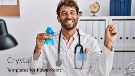  Presentation with blue ribbon - Theme consisting of young-hispanic-doctor-man-holding background and a light gray colored foreground