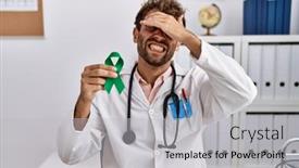  Presentation with ribbon green - Theme having young-hispanic-doctor-man-holding background and a  colored foreground