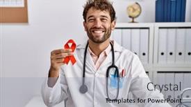  Presentation with red medical - Presentation design featuring young-hispanic-doctor-man-holding background and a light gray colored foreground