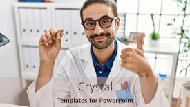 Presentation with hearing aid - Slide set with young-hispanic-doctor-man-holding background and a coral colored foreground