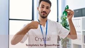  Presentation with ribbon green - PPT layouts consisting of young-hispanic-doctor-man-holding background and a mint green colored foreground