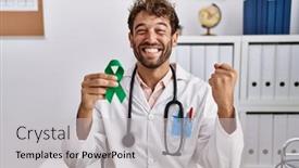  Presentation with ribbon green - Slide set having young-hispanic-doctor-man-holding background and a light gray colored foreground