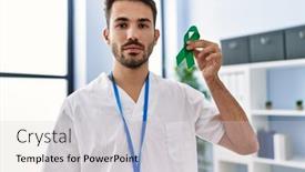  Presentation with ribbon green - PPT theme consisting of young-hispanic-doctor-man-holding background and a light gray colored foreground