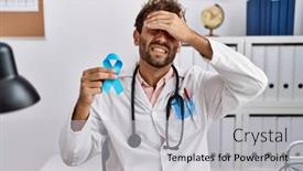  Presentation with blue ribbon - Presentation with young-hispanic-doctor-man-holding background and a  colored foreground