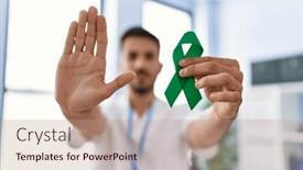  Presentation with ribbon green - Slides having young-hispanic-doctor-man-holding background and a coral colored foreground