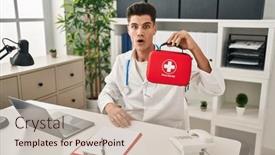  Presentation with first aid kit - PPT layouts with young-hispanic-doctor-man-holding background and a soft green colored foreground