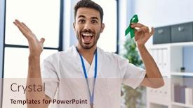  Presentation with ribbon green - Slides with young-hispanic-doctor-man-holding background and a coral colored foreground