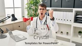  Presentation with yelling - Slides having young-hispanic-doctor-man-holding background and a light gray colored foreground