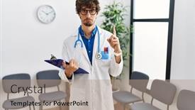  Presentation with waiting room - PPT theme consisting of young-hispanic-doctor-man background and a  colored foreground