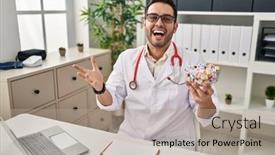  Presentation with hands holding - PPT layouts with young-hispanic-doctor-man background and a  colored foreground