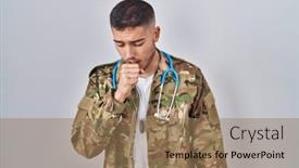  Presentation with health care - PPT theme featuring young-hispanic-doctor-wearing-camouflage background and a coral colored foreground