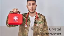 Presentation with first aid kit - Theme enhanced with young-hispanic-doctor-wearing-camouflage background and a coral colored foreground