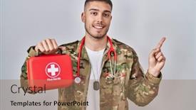  Presentation with first aid kit - Slide deck with young-hispanic-doctor-wearing-camouflage background and a coral colored foreground