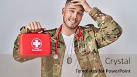  Presentation with first aid kit - Slide set enhanced with young-hispanic-doctor-wearing-camouflage background and a coral colored foreground