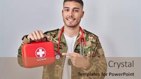  Presentation with first aid kit - Presentation theme featuring young-hispanic-doctor-wearing-camouflage background and a coral colored foreground