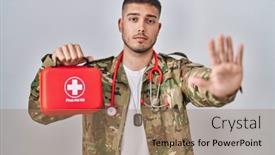  Presentation with first aid - Slide deck featuring young-hispanic-doctor-wearing-camouflage background and a coral colored foreground