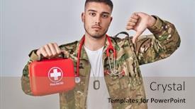  Presentation with first aid kit - Presentation theme having young-hispanic-doctor-wearing-camouflage background and a coral colored foreground