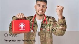  Presentation with first aid kit - Slide set with young-hispanic-doctor-wearing-camouflage background and a coral colored foreground