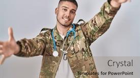  Presentation with hug - PPT layouts enhanced with young-hispanic-doctor-wearing-camouflage background and a coral colored foreground