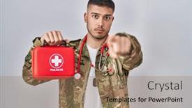  Presentation with first aid kit - Slide deck featuring young-hispanic-doctor-wearing-camouflage background and a coral colored foreground