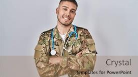  Presentation with camera - Slide deck featuring young-hispanic-doctor-wearing-camouflage and a coral colored foreground