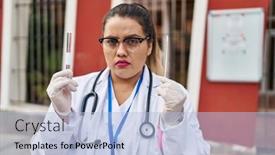  Presentation with nasal - Slide deck having young-hispanic-doctor-woman-doing background and a light blue colored foreground