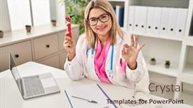  Presentation with ear - Presentation with young-hispanic-doctor-woman-holding background and a soft green colored foreground