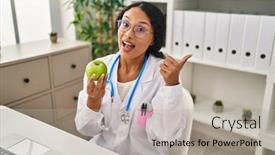  Presentation with green apple - PPT layouts with young-hispanic-doctor-woman-holding background and a light gray colored foreground