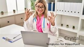  Presentation with money bitcoin crypto currency gold - PPT theme enhanced with young-hispanic-doctor-woman-holding background and a mint green colored foreground