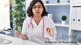  Presentation with fetus - Presentation design with young-hispanic-doctor-woman-holding background and a light blue colored foreground