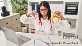  Presentation with clock face - Slide deck having young-hispanic-doctor-woman-holding background and a soft green colored foreground