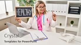  Presentation with question word - PPT theme featuring young-hispanic-doctor-woman-holding background and a light gray colored foreground