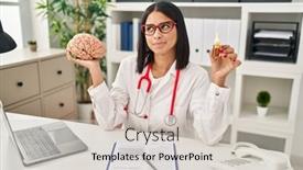  Presentation with cbd - Slide set with young-hispanic-doctor-woman-holding background and a light gray colored foreground