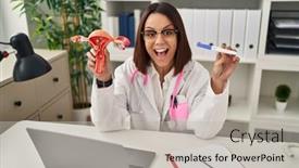  Presentation with pregnancy - PPT theme with young-hispanic-doctor-woman-holding background and a light gray colored foreground