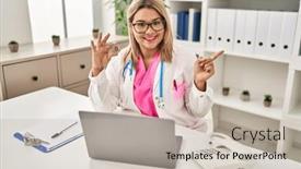  Presentation with virtual hand - PPT layouts consisting of young-hispanic-doctor-woman-holding background and a light gray colored foreground