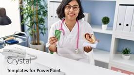  Presentation with fetus - Slide deck consisting of young-hispanic-doctor-woman-holding background and a white colored foreground