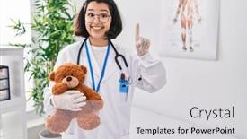  Presentation with teddy bear - Slides consisting of young-hispanic-doctor-woman-holding background and a light gray colored foreground
