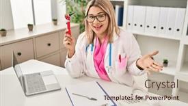  Presentation with achievement - Presentation having young-hispanic-doctor-woman-holding background and a soft green colored foreground