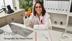  Presentation with awareness - PPT theme with young-hispanic-doctor-woman-holding background and a light gray colored foreground