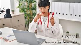  Presentation with ear - PPT theme with young-hispanic-doctor-woman-holding background and a light gray colored foreground