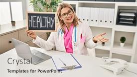  Presentation with achievement - PPT layouts enhanced with young-hispanic-doctor-woman-holding background and a light gray colored foreground