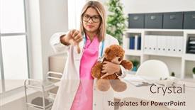  Presentation with teddy bear - Presentation theme having young-hispanic-doctor-woman-holding background and a soft green colored foreground