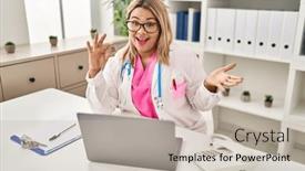  Presentation with virtual hand - Presentation theme with young-hispanic-doctor-woman-holding background and a  colored foreground