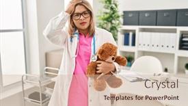  Presentation with teddy bear - PPT theme featuring young-hispanic-doctor-woman-holding background and a soft green colored foreground