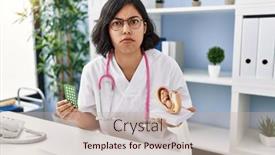  Presentation with uterus - PPT theme having young-hispanic-doctor-woman-holding background and a mint green colored foreground