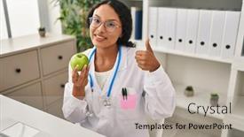  Presentation with green apple - Presentation enhanced with young-hispanic-doctor-woman-holding background and a light gray colored foreground