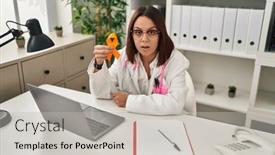  Presentation with doctor helps to get out of bed an elderly woman - PPT theme with young-hispanic-doctor-woman-holding background and a light gray colored foreground